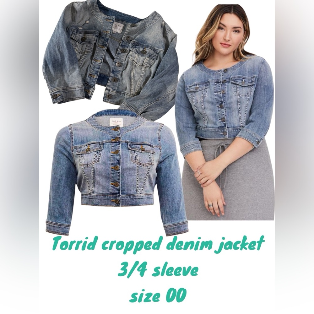 Torrid Blue Cropped Jean denim Jacket Modern Style 3/4 sleeve cotton size 00